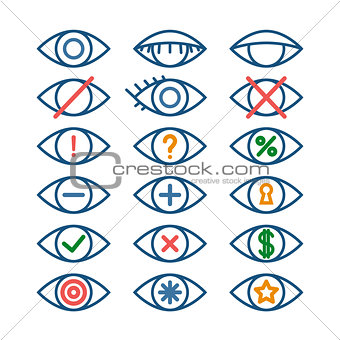 Colored eye icons for different actions, set of outline eye pictograms, vector operation icons