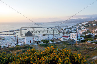 Sunset over Mykonos town, Cyclades, Greece.