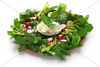 sabzi khordan, assortment of fresh herbs and raw vegetables salad,