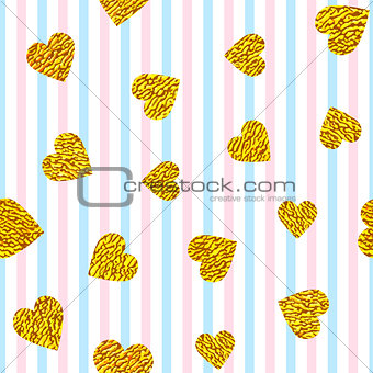 golden hearts on striped background