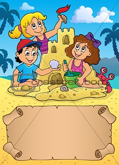 Small parchment and kids by sand castle