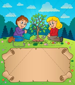 Small parchment and kids planting tree