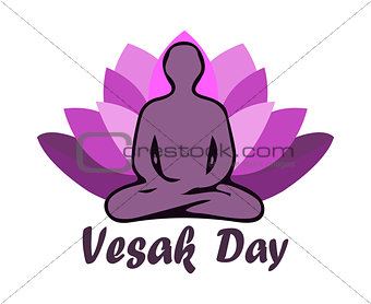 Illustration Of Vesak Day Or Buddha Purnima, silhouette of a meditating man against a violet lotus background