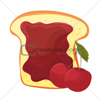 Cherry jam on toast with jelly in cartoon style. Healthy nutrition