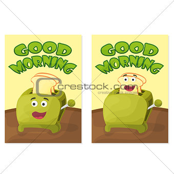 Toaster with bread slices. Good morning poster. Hand drawn vector