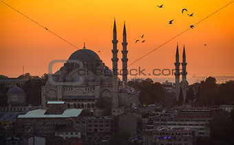Sunset over Istanbul Silhouette and the fishing boat