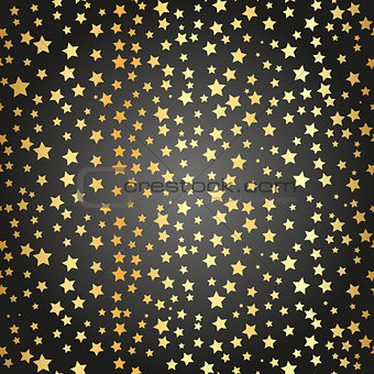 Abstract black modern seamless pattern with gold confetti stars. Vector illustration.Shiny background. Texture of gold foil. Golden seamless pattern
