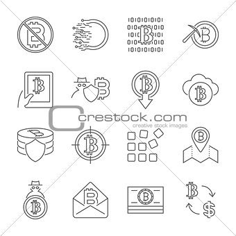 Blockchain Cryptocurrency Icons. Modern computer network technology sign set. Digital graphic symbol collection. Bitcoin mining. Concept design elements.