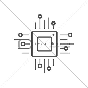 Microchip line icon. CPU, Central processing unit, computer processor, chip symbol in circle. Simple round icon isolated on black background. Creative modern vector logo