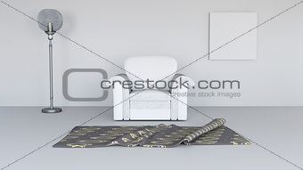 3D lounge interior with blank canvas on wall