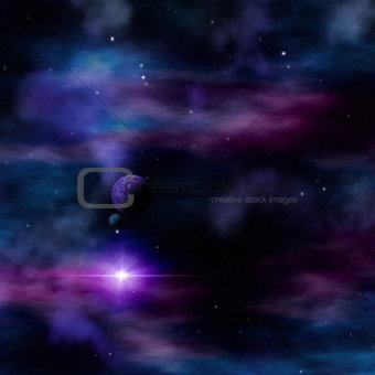 3D abstract space scene with fictional planets