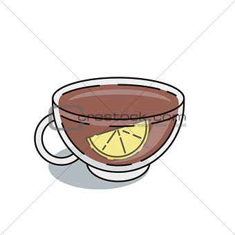 Thin line icon of burning black tea cup with slice of lemon