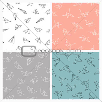 Set of seamless origami patterns. Vector colorful backgrounds