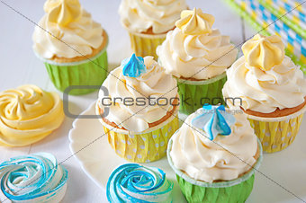 Set of different delicious cupcakes on funny cake-stand. concept holiday, birthday