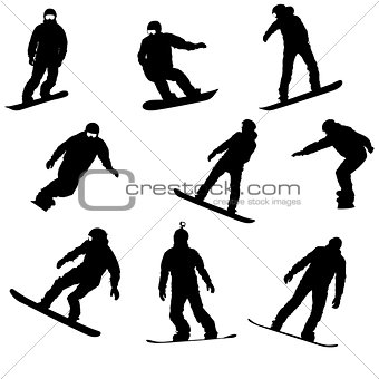 Set black silhouettes snowboarders on white background
