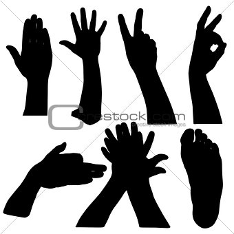 Black set silhouette of hands on white background