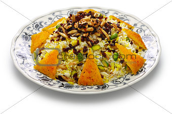 zereshk polo with tahdig, saffron barberry rice with scorched rice