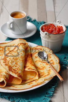Breakfast with pancakes and coffee