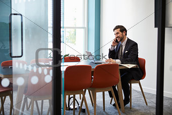 Young businessman making a phone call in a boardroom