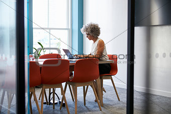 Middle aged woman working alone in office boardroom