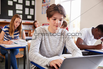 Male Pupil Sitting At Desk In Class Room Using Laptop