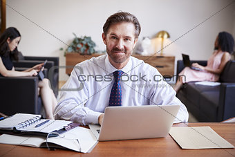 Businessman using laptop at desk smiling to camera