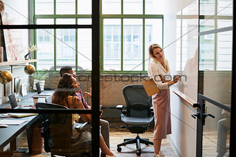 Woman at whiteboard in team meeting, seen through open door