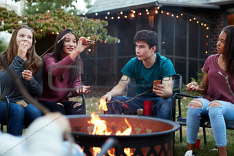 Teenage friends eating sÕmores around a firepit