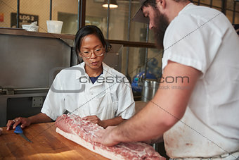 Man and woman preparing meat,cuts of meat to sell at a butcher's shop