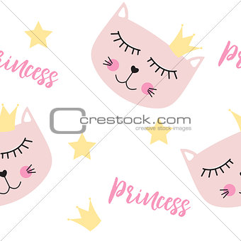 Little Cute Cat Princess Seamless Pattern Background Vector Illustration