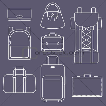 Different types of bags, white outline flat vector illustration collection on dark background