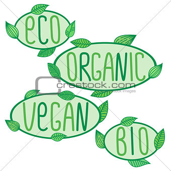 Eco, bio, organic, vegan signs, vector label lettering, ecological, vegetarian, organic concepts stickers and badges
