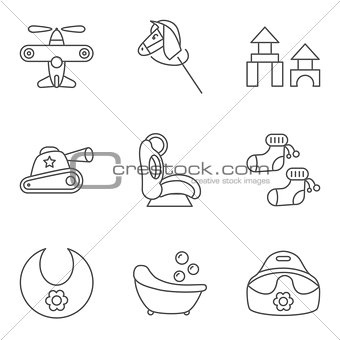 Baby thin line related vector icon set