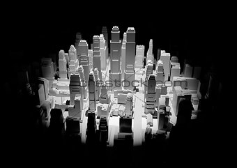 Middle of 3d city is illuminated by a spotlight