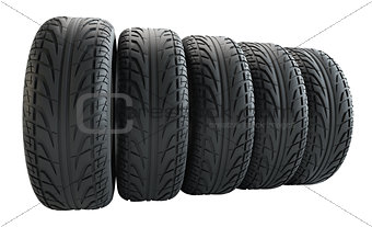 Car tires in row, isolated