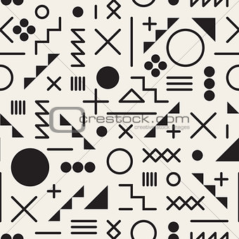 Vector Seamless Black and White Retro 80's  Jumble Geometric Line Shapes Hipster Pattern
