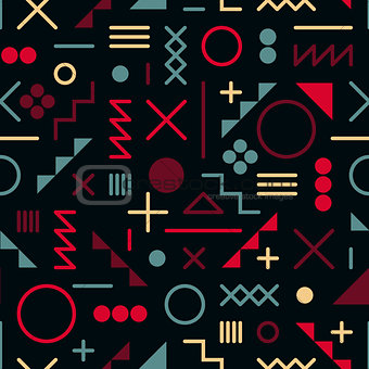 Vector Seamless Retro 80's  Jumble Geometric Line Shapes Pink Blue Color Hipster Pattern on Black Background