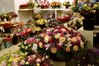 Beautiful bouquets of flowers in shop