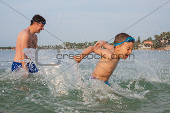 Boy Son Father Play Sea Splashing