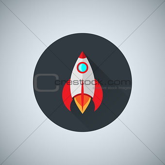 A colored rocket icon in a flat design. Spacecraft icon.