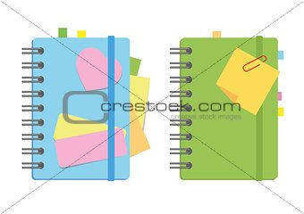 Closed notebook, personal diary on a spiral with bookmarks and paper for notes between pages. A set of two variants with bright covers. Colorful flat vector illustration isolated on white background.