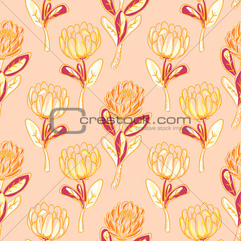 Orange protea flower seamless vector pattern.