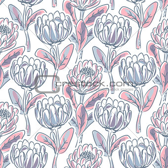 Hand drawn protea flower seamless vector pattern.