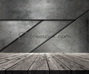 3D wooden table looking out to abstract metal wall