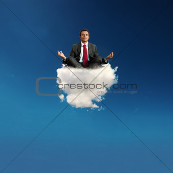 Stressed businessman practice yoga on a cloud