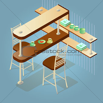 Set of the isometric cartoon counter and chairs.