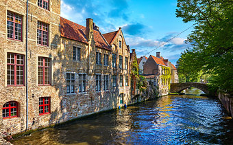 Bruges Belgium vintage stone houses and bridge