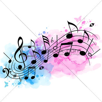 Music background with notes and watercolor texture