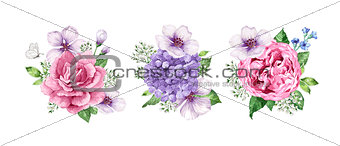 Set of flower Bouquets apple tree flower, gypsophila in watercolor style isolated on white background. For greeting cards, prints. All elements are editable.