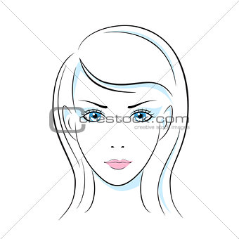 Girl head illustration. Eye, ear, hair, lips, neck